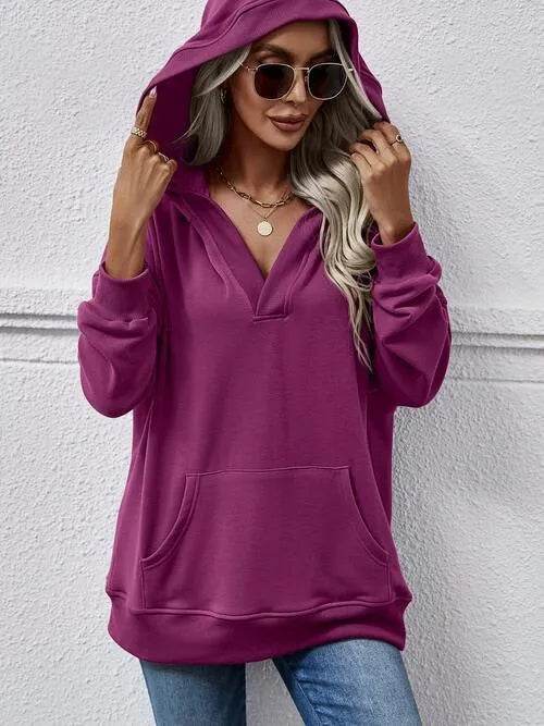 V-Neck Drop Shoulder Long Sleeve Hoodie - Bona Fide Fashion