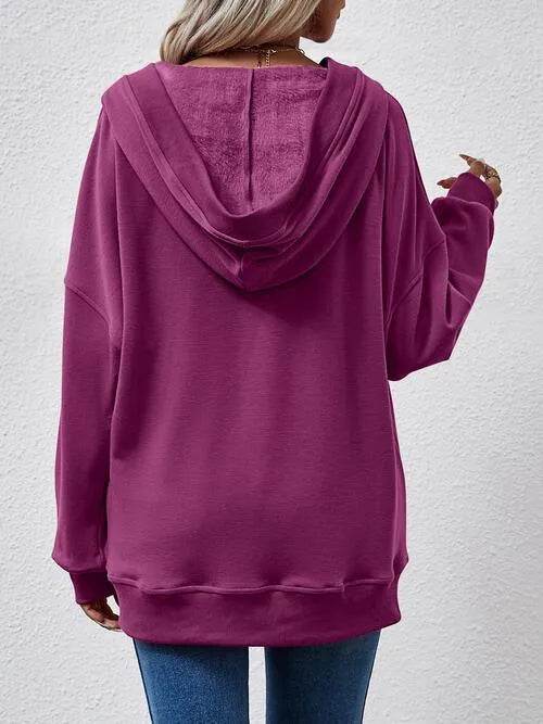 V-Neck Drop Shoulder Long Sleeve Hoodie - Bona Fide Fashion