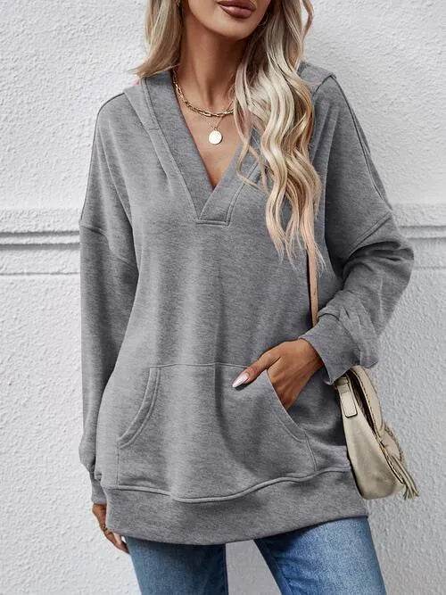 V-Neck Drop Shoulder Long Sleeve Hoodie - Bona Fide Fashion