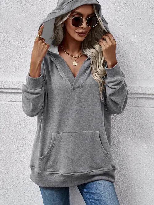 V-Neck Drop Shoulder Long Sleeve Hoodie - Bona Fide Fashion