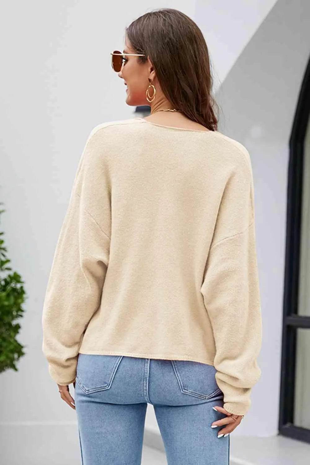 V-Neck Drop Shoulder Long Sleeve Knit Top - Bona Fide Fashion