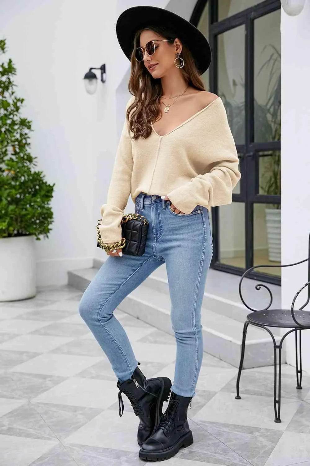 V-Neck Drop Shoulder Long Sleeve Knit Top - Bona Fide Fashion
