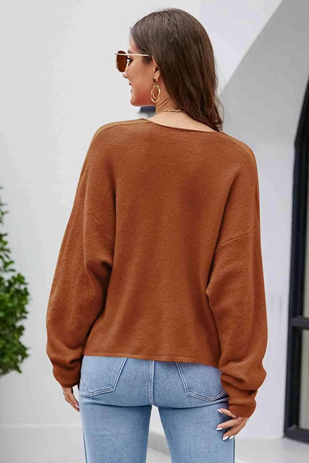V-Neck Drop Shoulder Long Sleeve Knit Top - Bona Fide Fashion