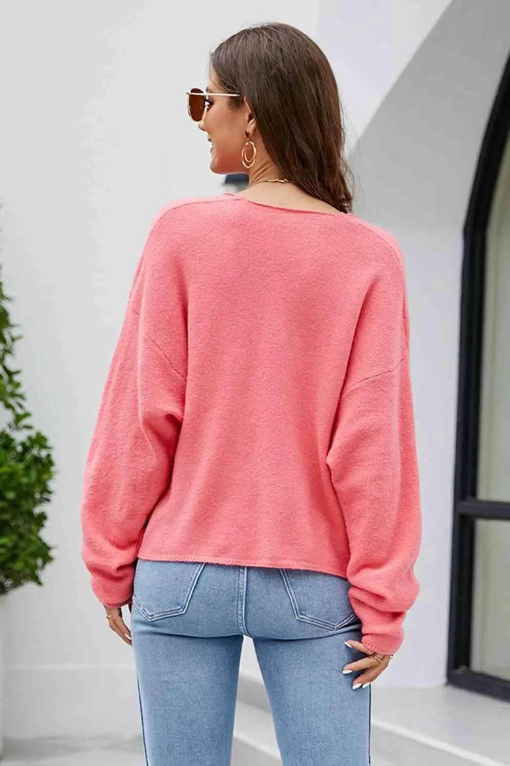 V-Neck Drop Shoulder Long Sleeve Knit Top - Bona Fide Fashion