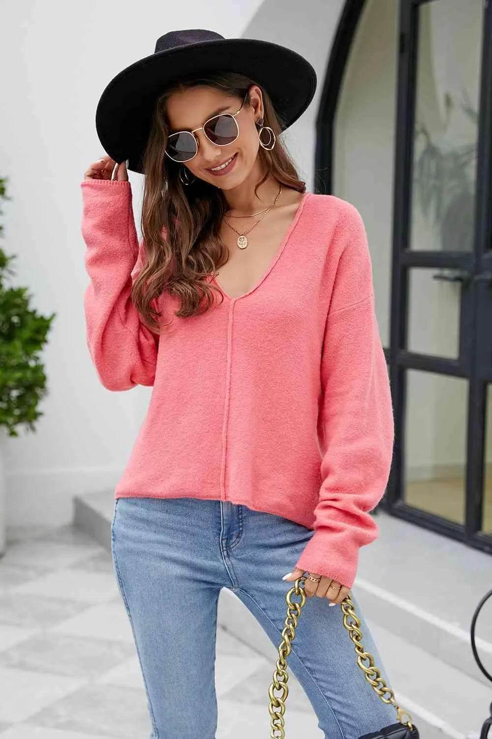 V-Neck Drop Shoulder Long Sleeve Knit Top - Bona Fide Fashion