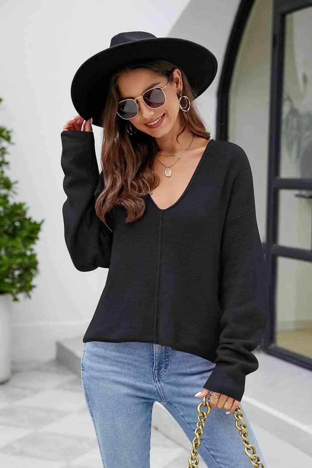 V-Neck Drop Shoulder Long Sleeve Knit Top - Bona Fide Fashion