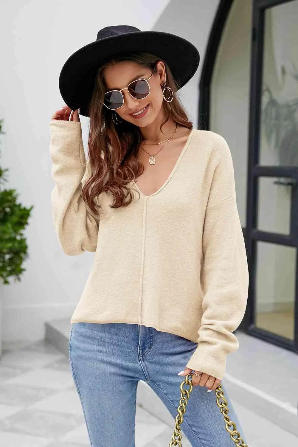 V-Neck Drop Shoulder Long Sleeve Knit Top - Bona Fide Fashion