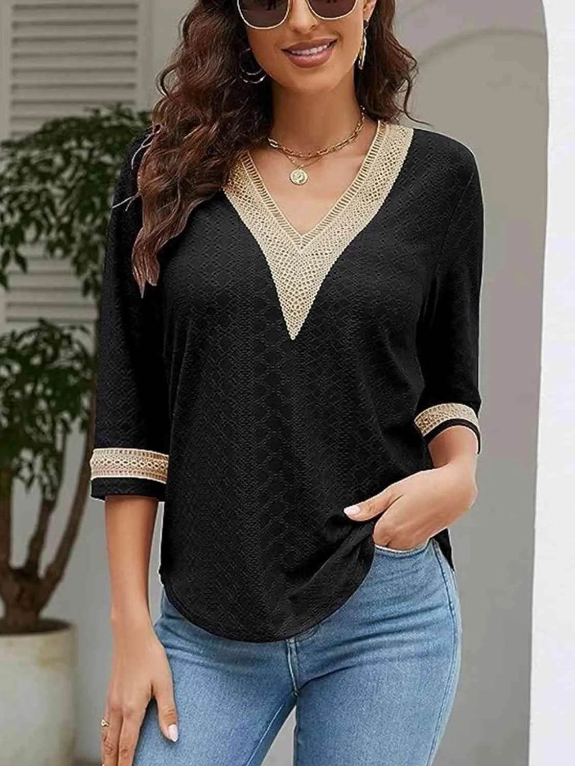 V-Neck Eyelet Blouse - Bona Fide Fashion