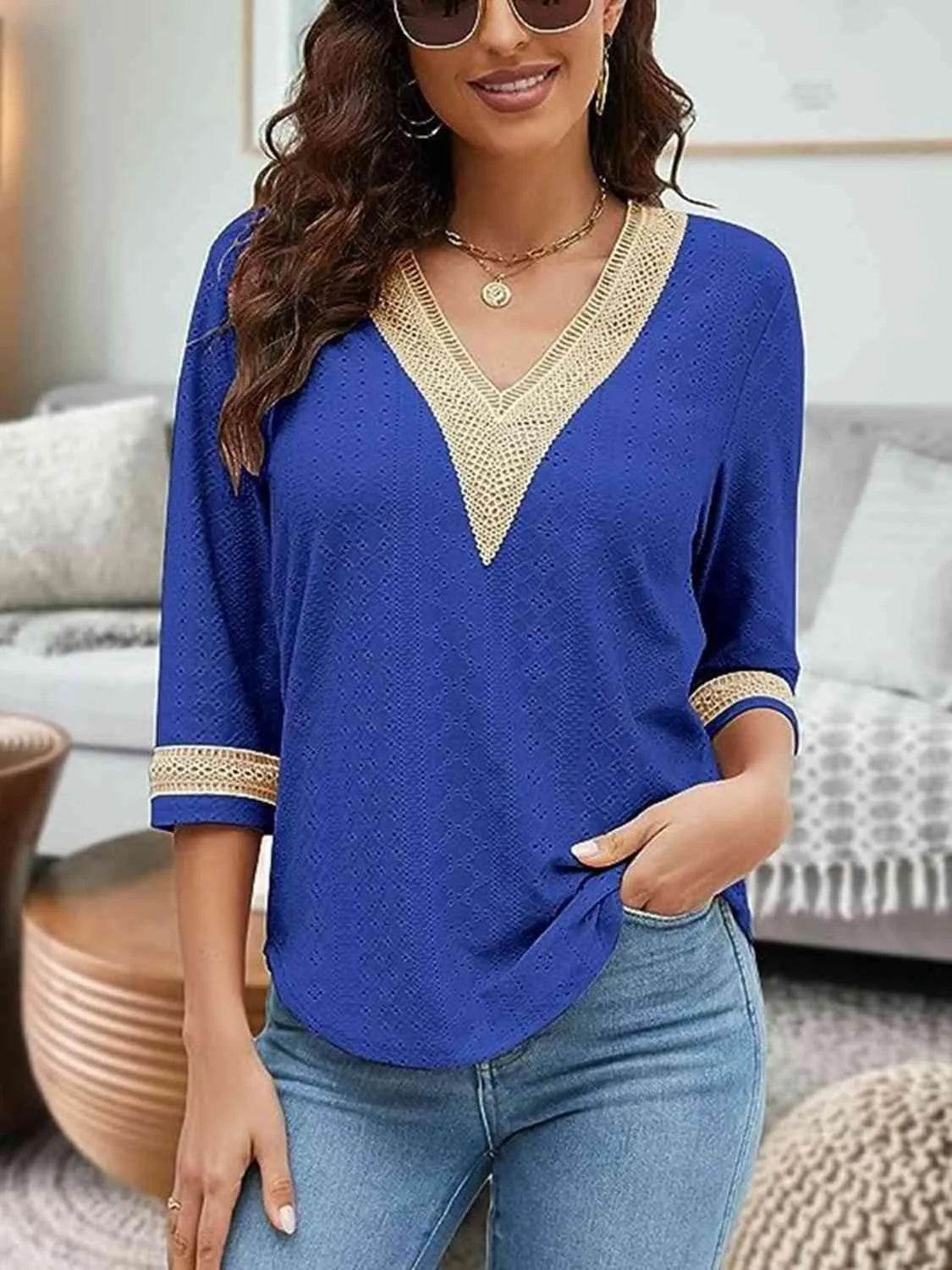 V-Neck Eyelet Blouse - Bona Fide Fashion
