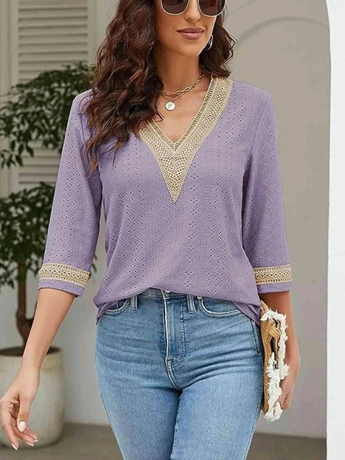 V-Neck Eyelet Blouse - Bona Fide Fashion