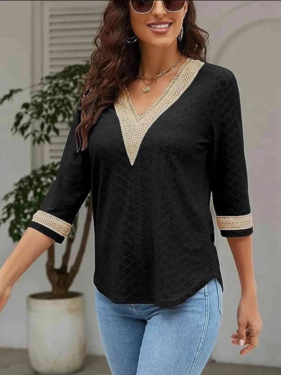 V-Neck Eyelet Blouse - Bona Fide Fashion