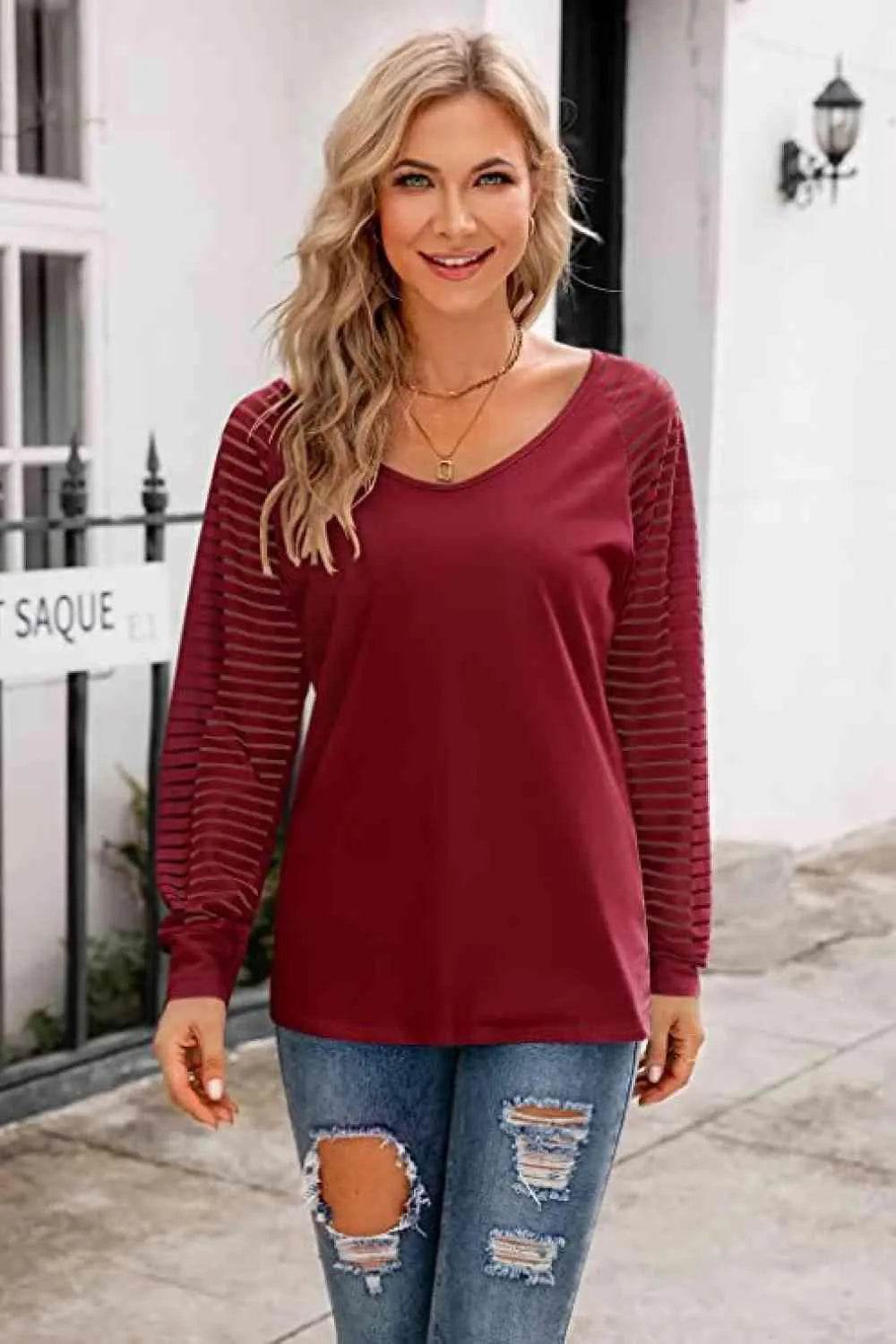 V-Neck Long Raglan Sleeve Top - Bona Fide Fashion