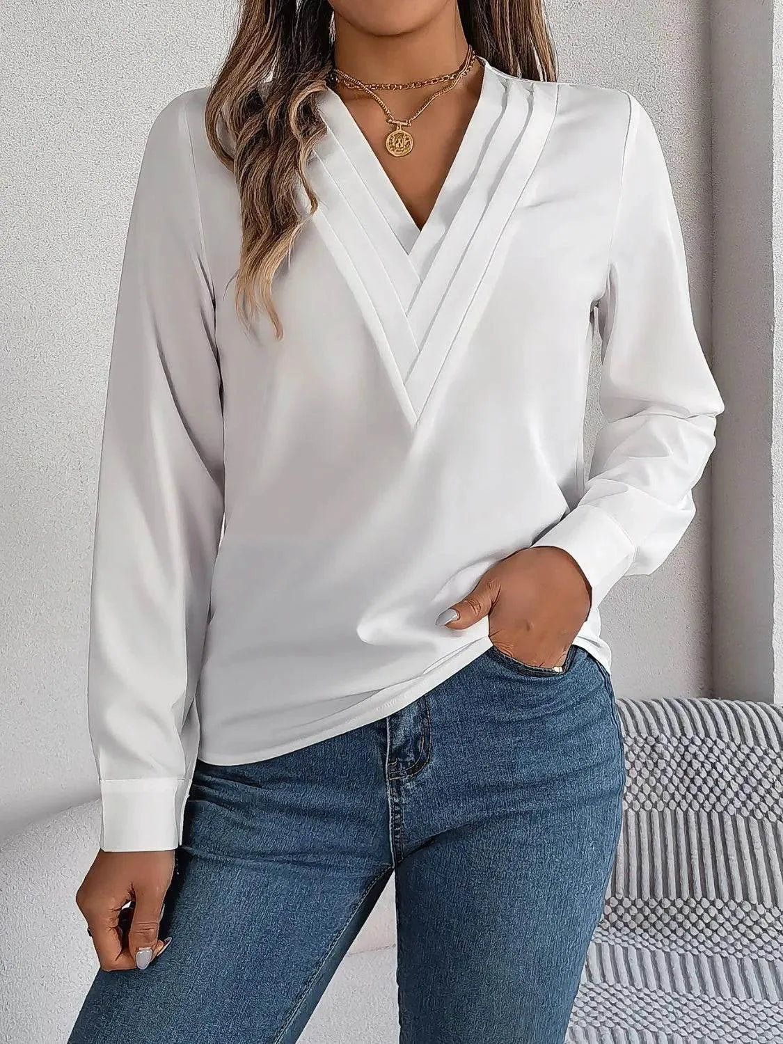 V-Neck Long Sleeve Blouse - Bona Fide Fashion