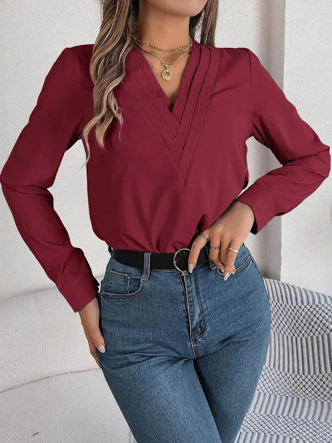 V-Neck Long Sleeve Blouse - Bona Fide Fashion