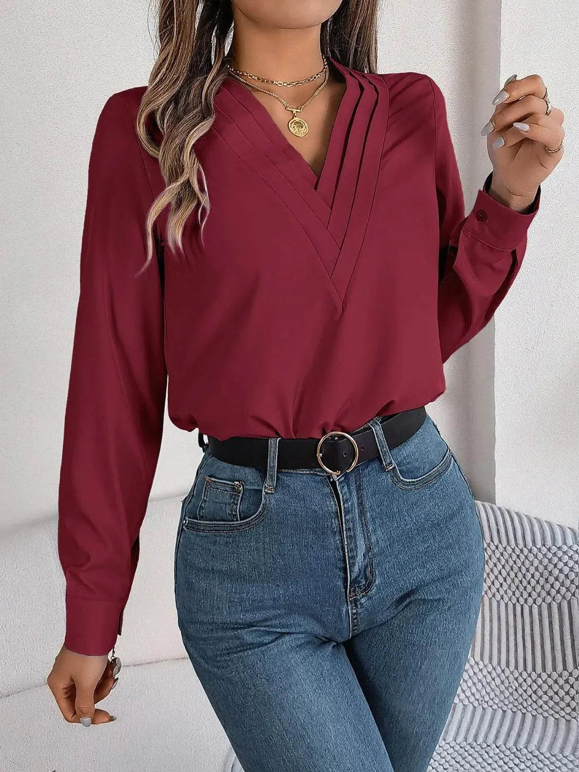 V-Neck Long Sleeve Blouse - Bona Fide Fashion