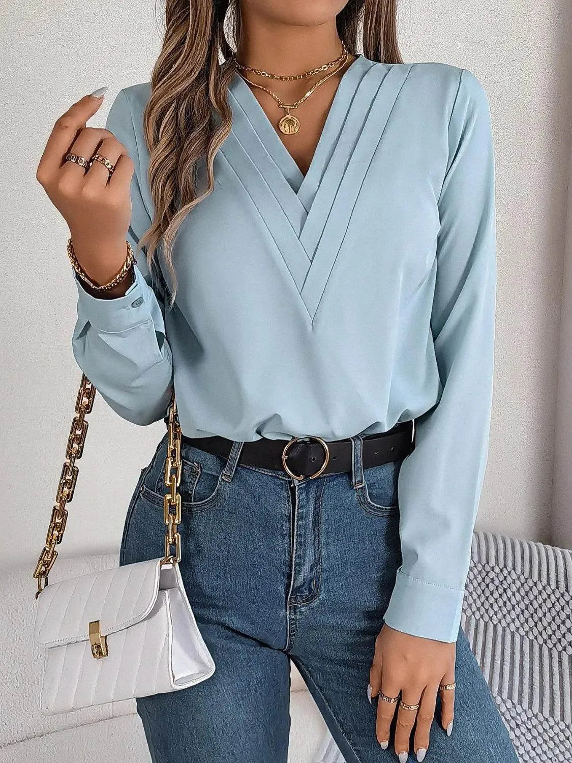 V-Neck Long Sleeve Blouse - Bona Fide Fashion