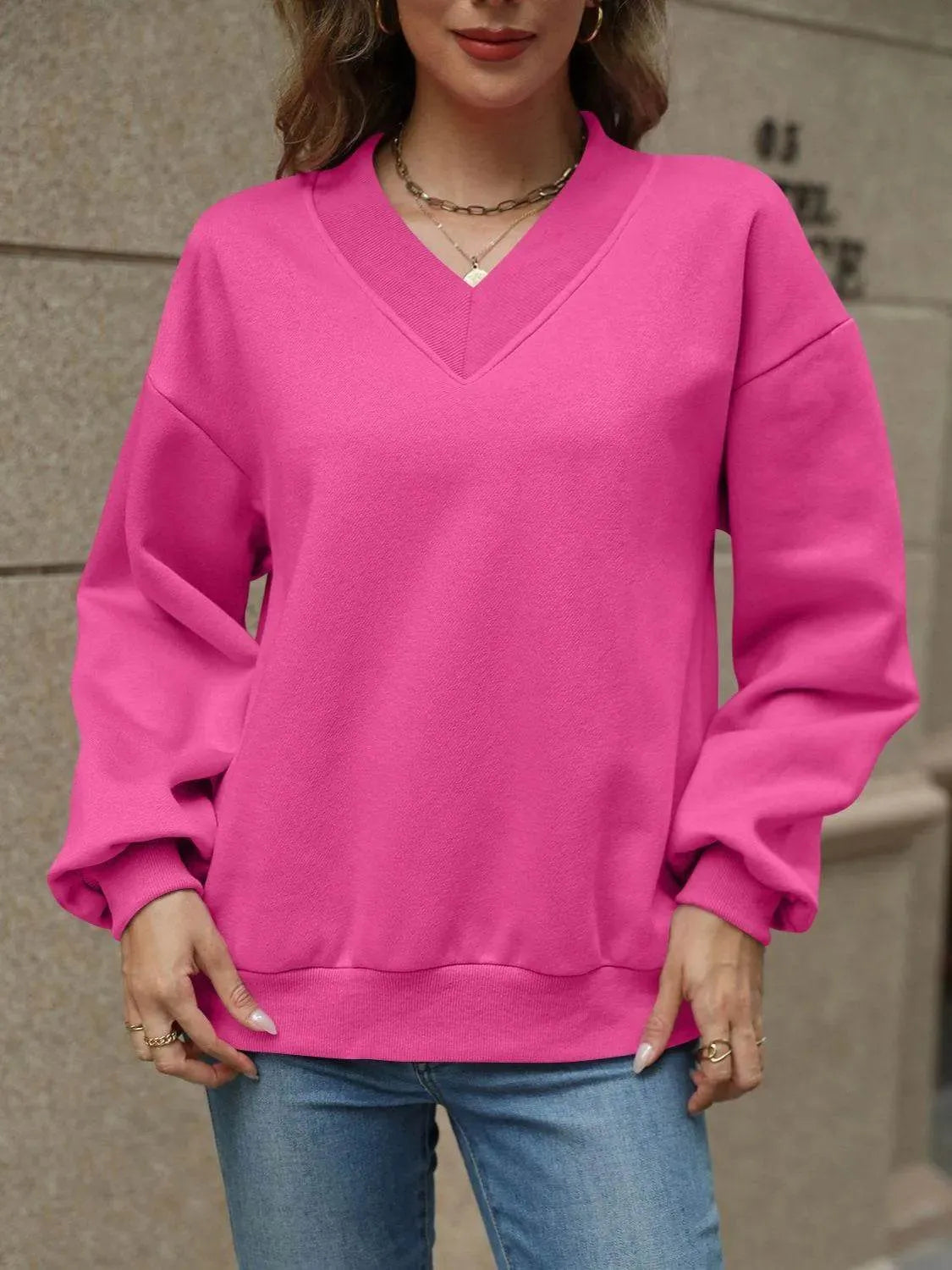 V-Neck Long Sleeve Dropped Shoulder Sweatshirt - Bona Fide Fashion