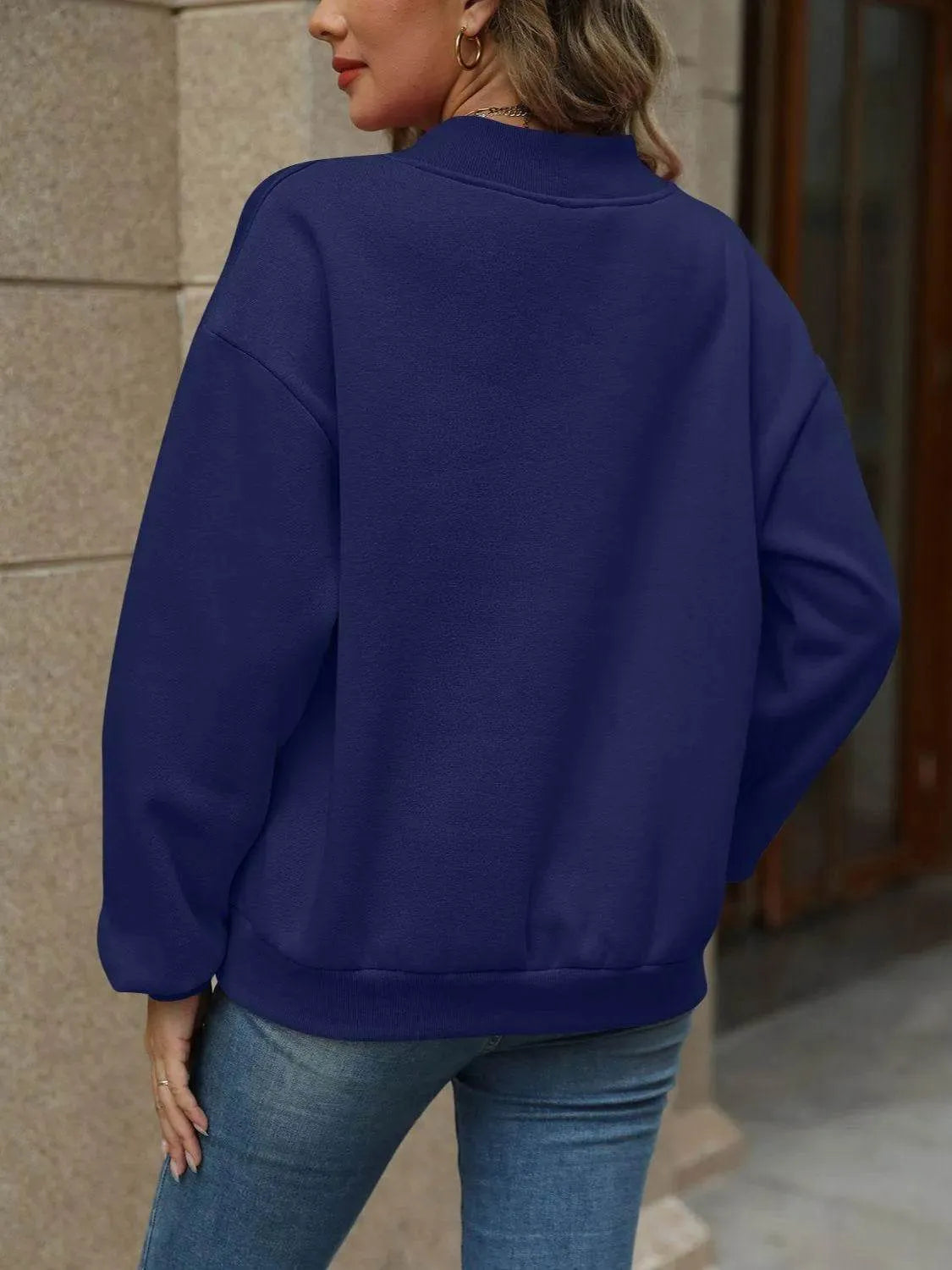 V-Neck Long Sleeve Dropped Shoulder Sweatshirt - Bona Fide Fashion