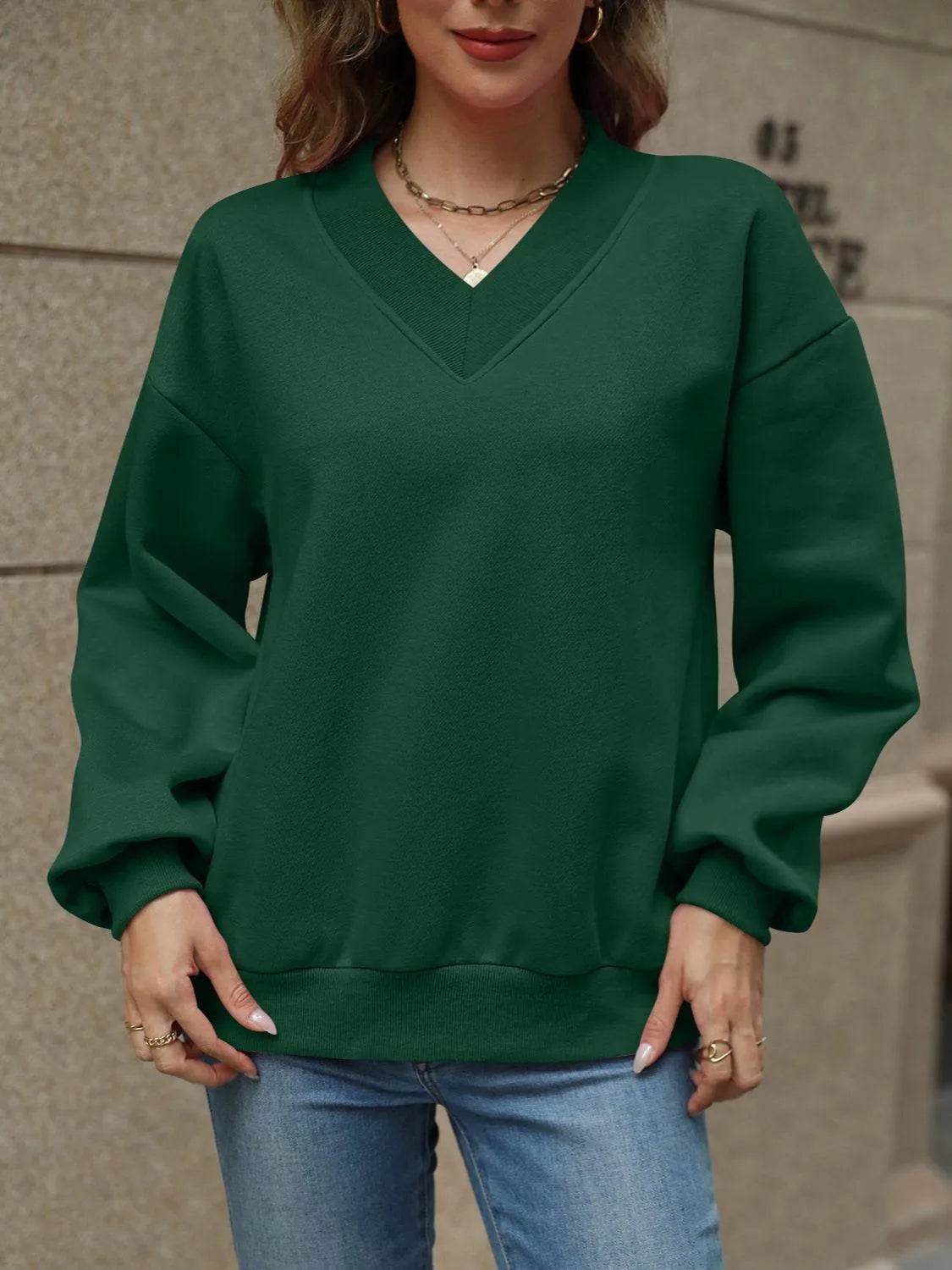 V-Neck Long Sleeve Dropped Shoulder Sweatshirt - Bona Fide Fashion