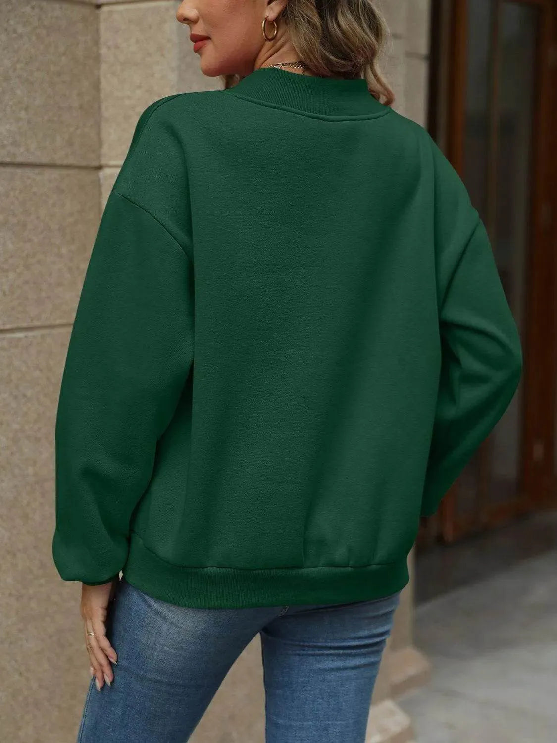 V-Neck Long Sleeve Dropped Shoulder Sweatshirt - Bona Fide Fashion
