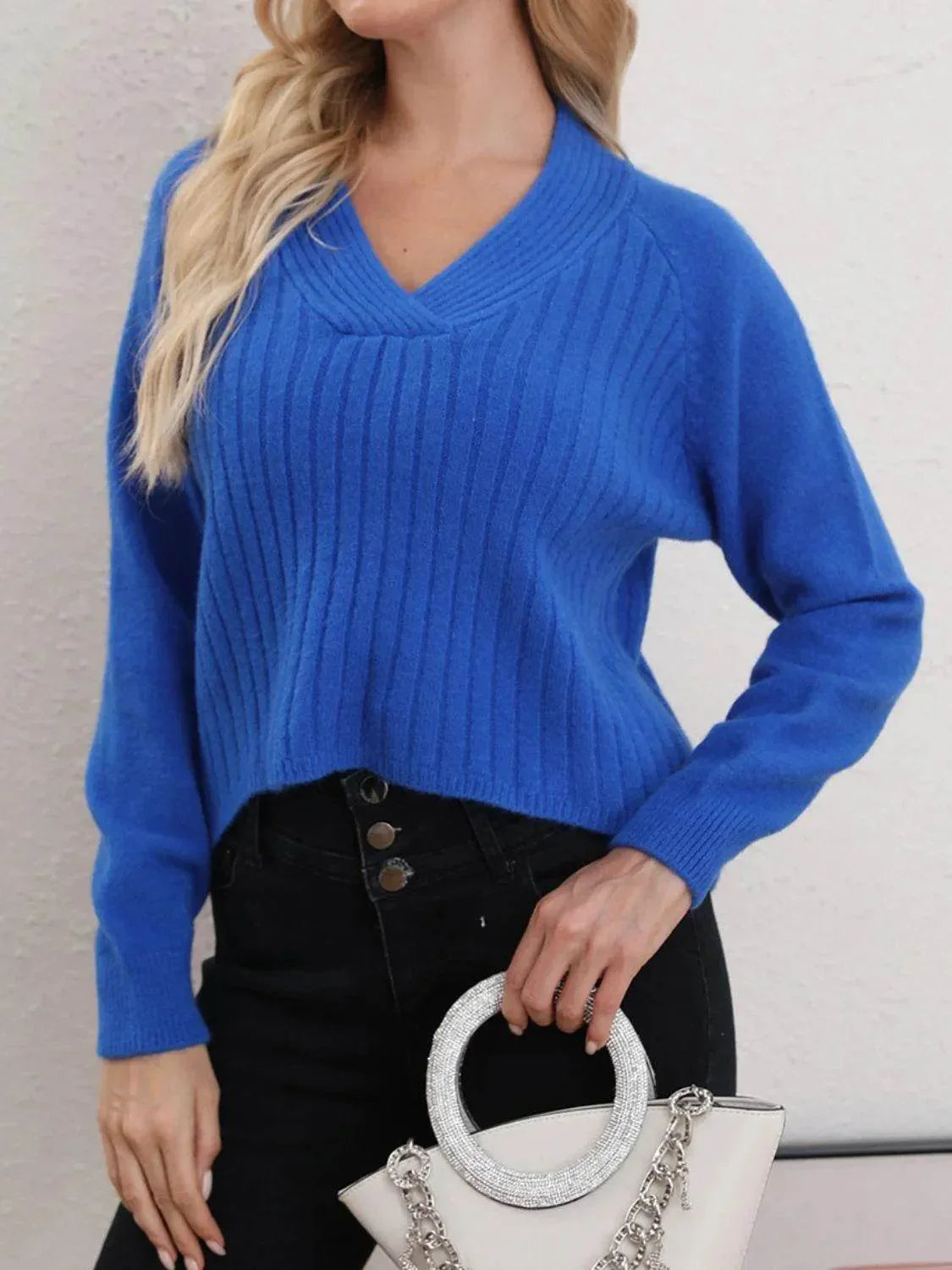 V-Neck Long Sleeve Sweater - Bona Fide Fashion