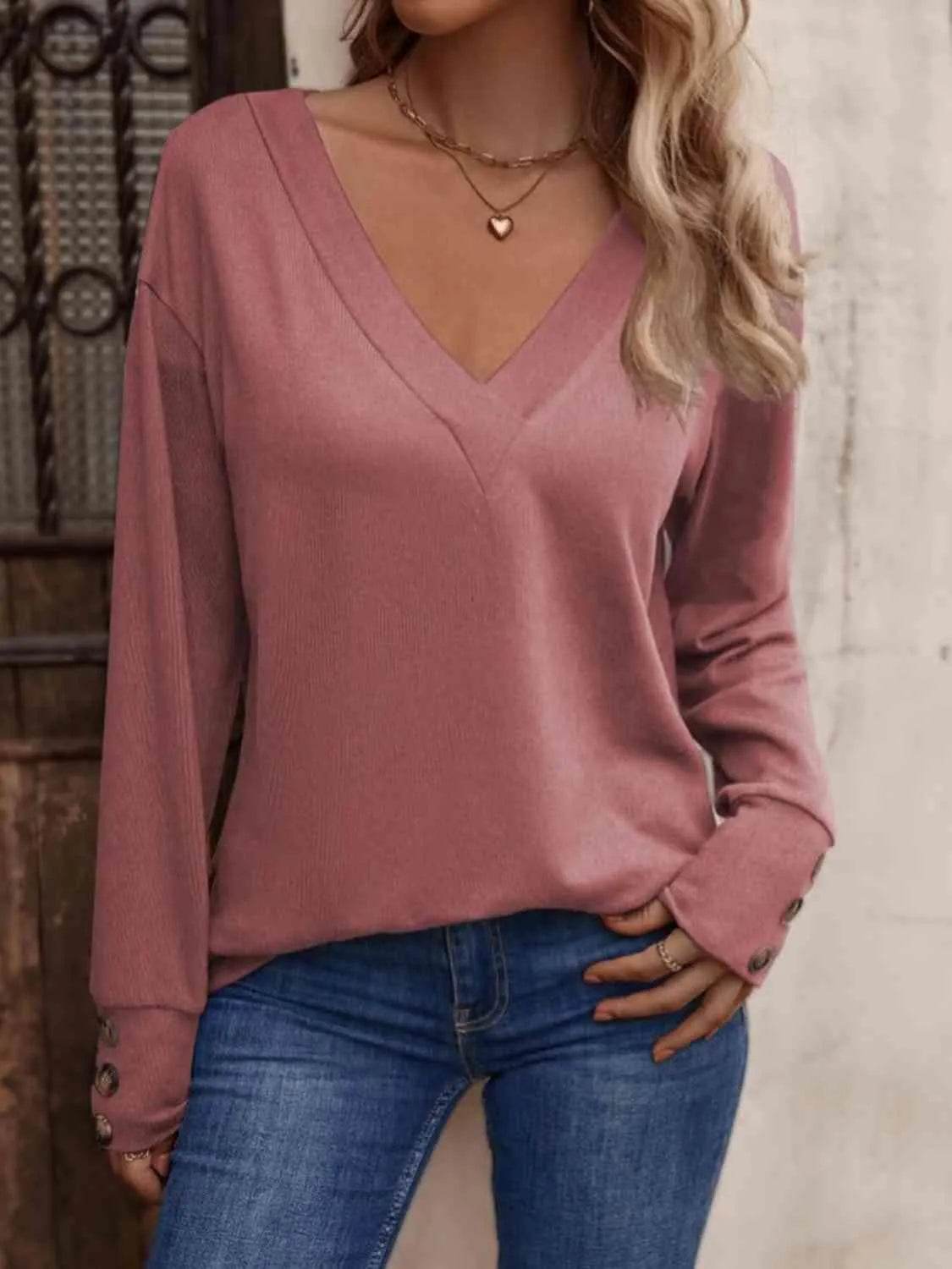 V-Neck Long Sleeve Top - Bona Fide Fashion