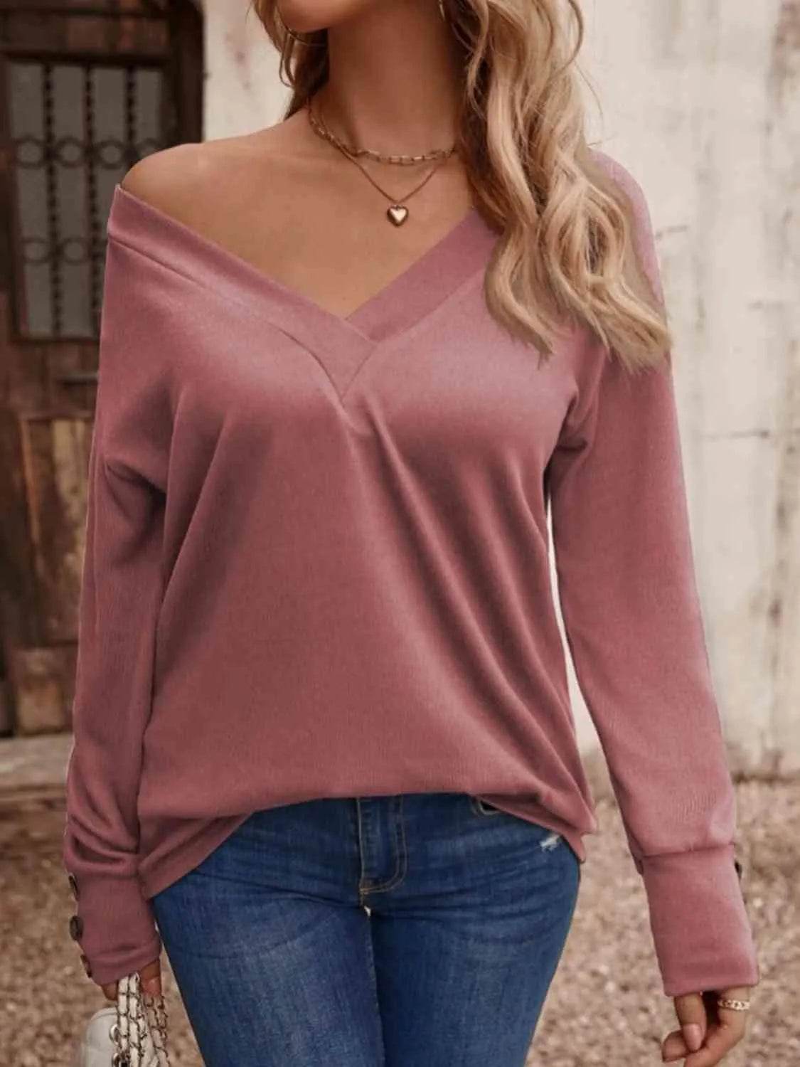 V-Neck Long Sleeve Top - Bona Fide Fashion