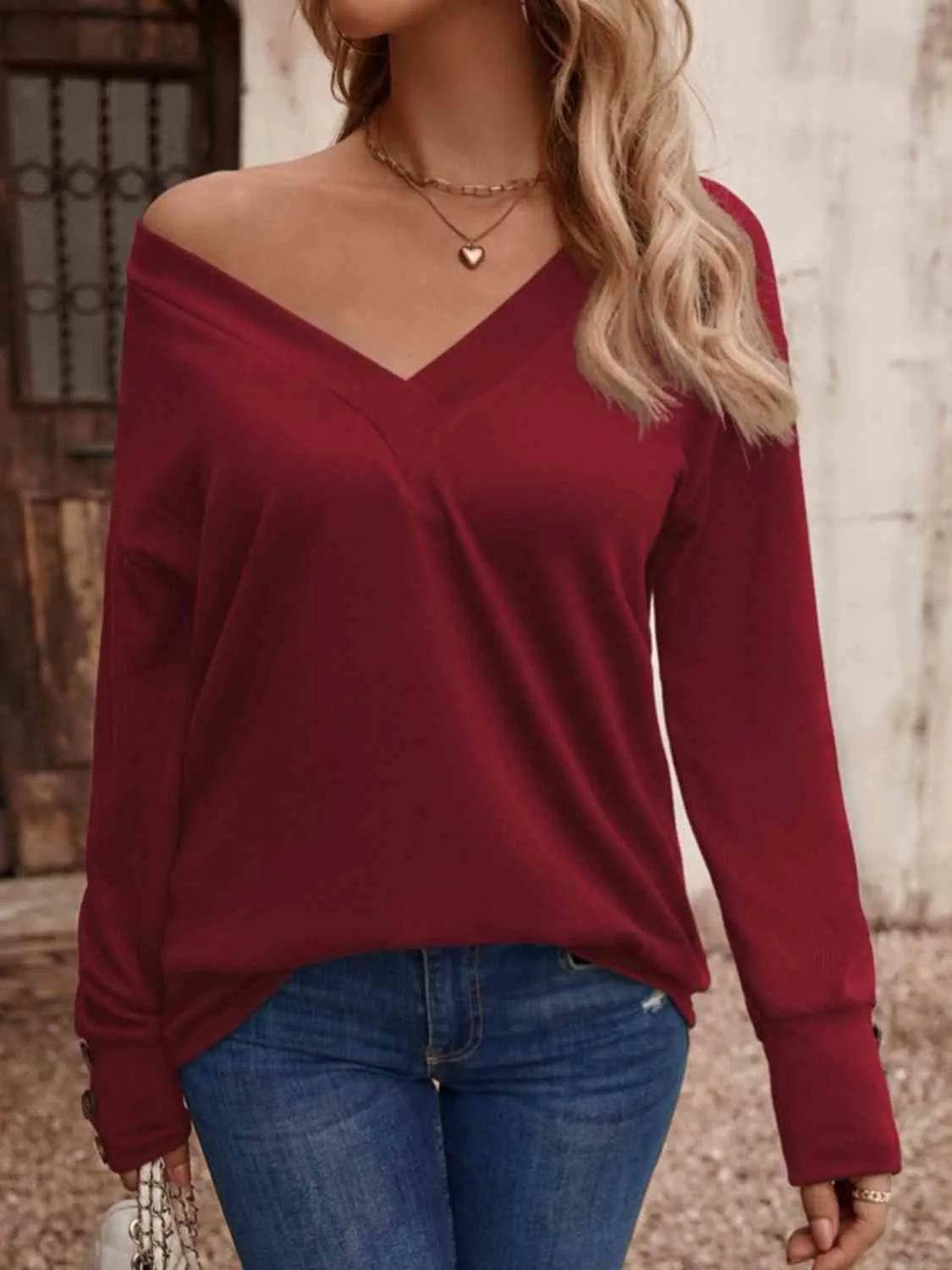 V-Neck Long Sleeve Top - Bona Fide Fashion