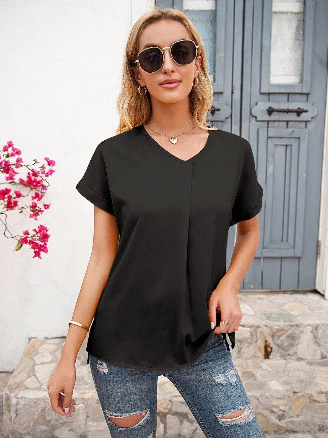 Bona Fide Fashion - V-Neck Short Sleeve T-Shirt - Women Fashion - Bona Fide Fashion
