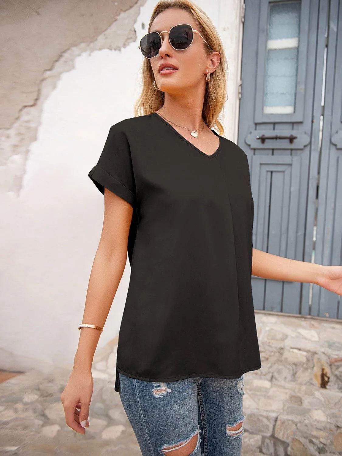 Bona Fide Fashion - V-Neck Short Sleeve T-Shirt - Women Fashion - Bona Fide Fashion