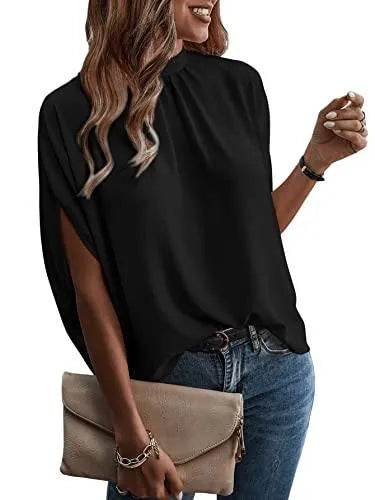 Verdusa Women's Casual Tie Back Dolman Sleeve Mock Neck Blouse Top Black M - Bona Fide Fashion