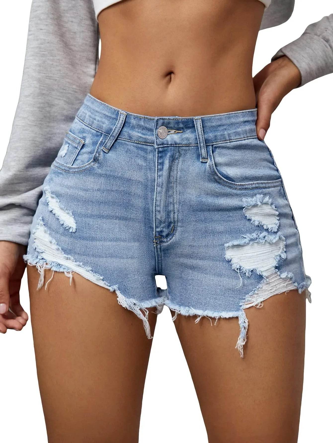 Verdusa Women's Ripped Distressed Skinny Denim Shorts Light Blue S - Bona Fide Fashion