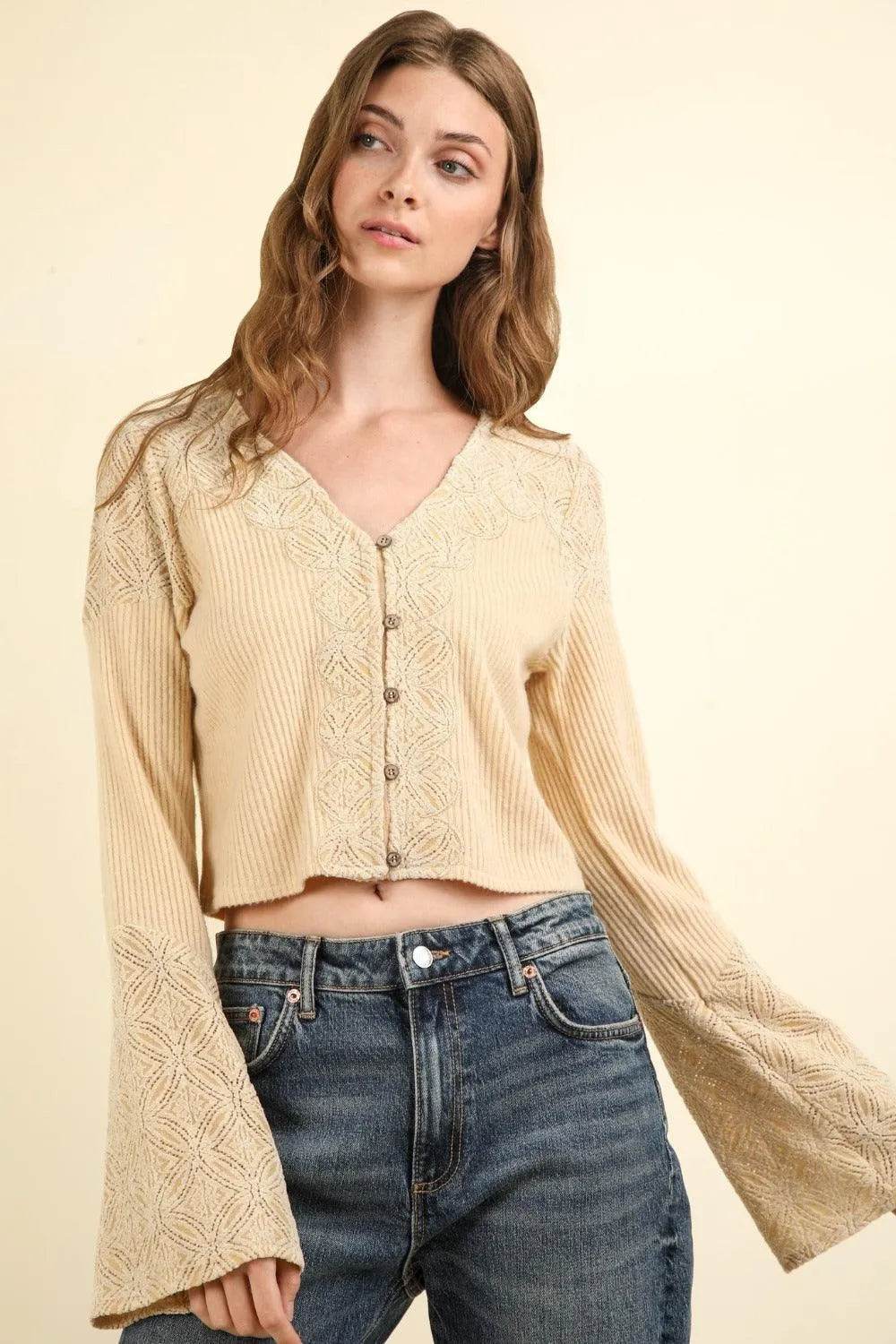 VERY J V-Neck Lace Detail Button Down Crop Ribbed Knit Top - Bona Fide Fashion