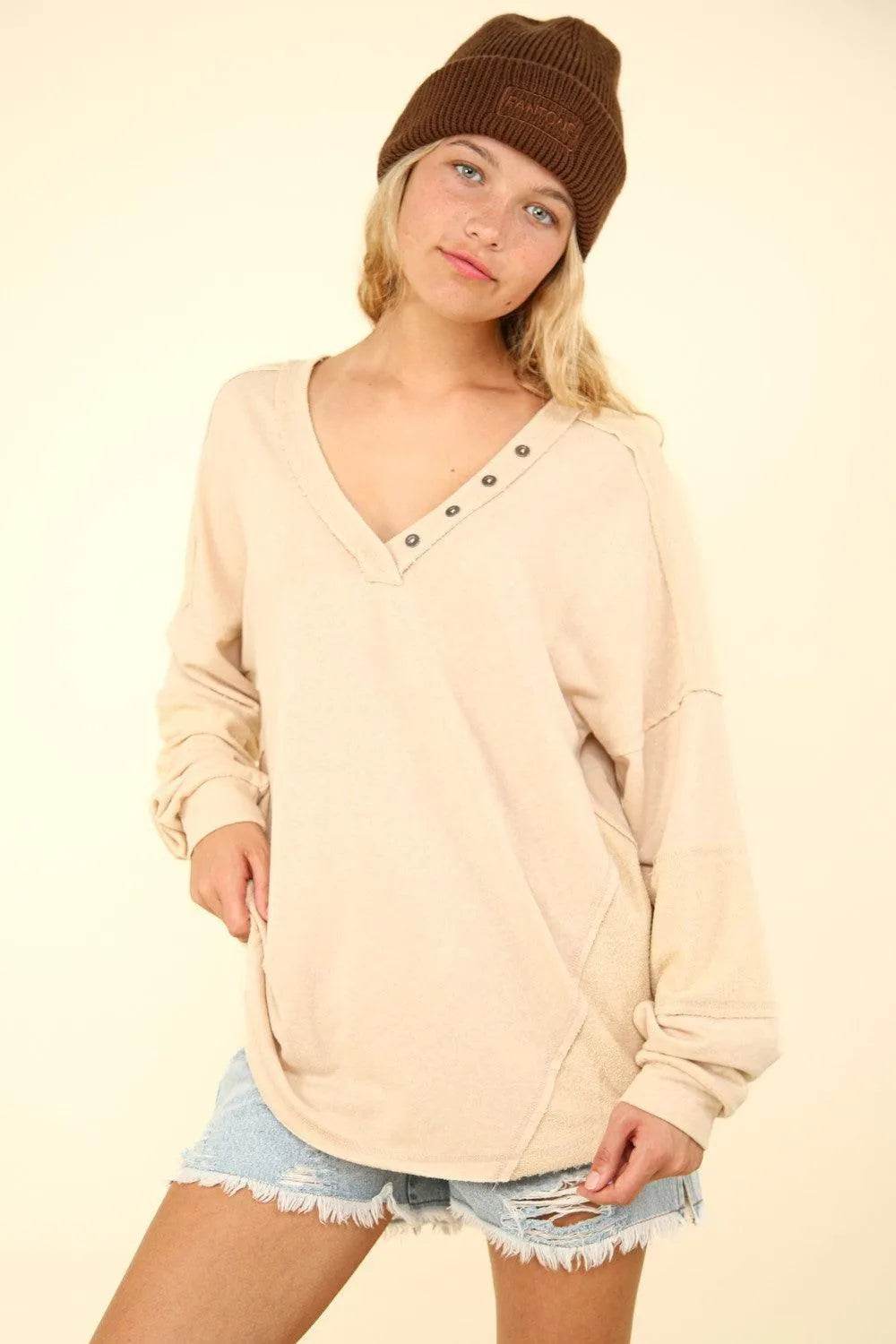 VERY J Washed V-Neck Exposed Seam Knit Top - Bona Fide Fashion