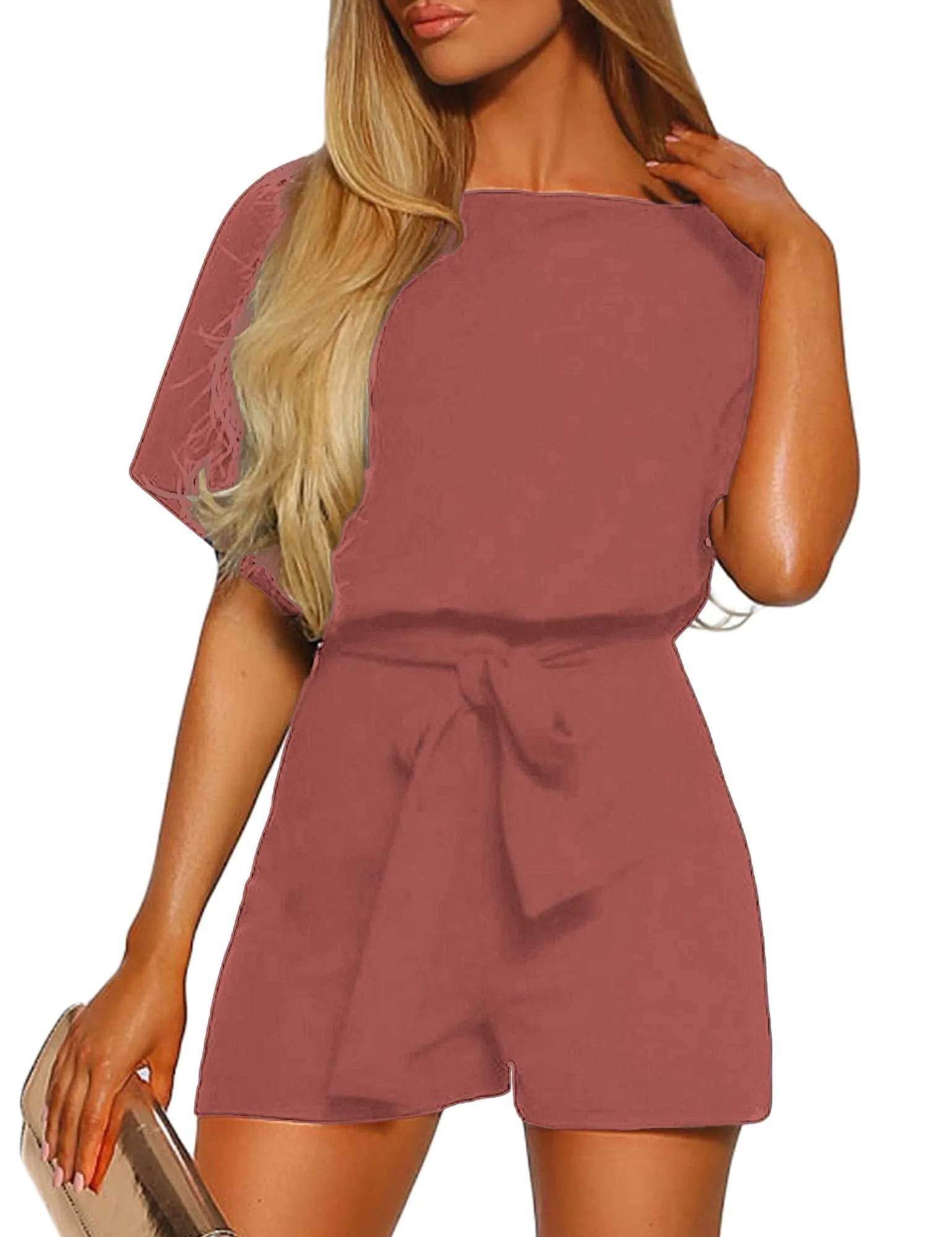 Vetinee Womens Canyon Rose Red Summer Casual Romper Keyhole Back Short Sleeve Jumpsuit Playsuit Large (US 12-14) - Bona Fide Fashion