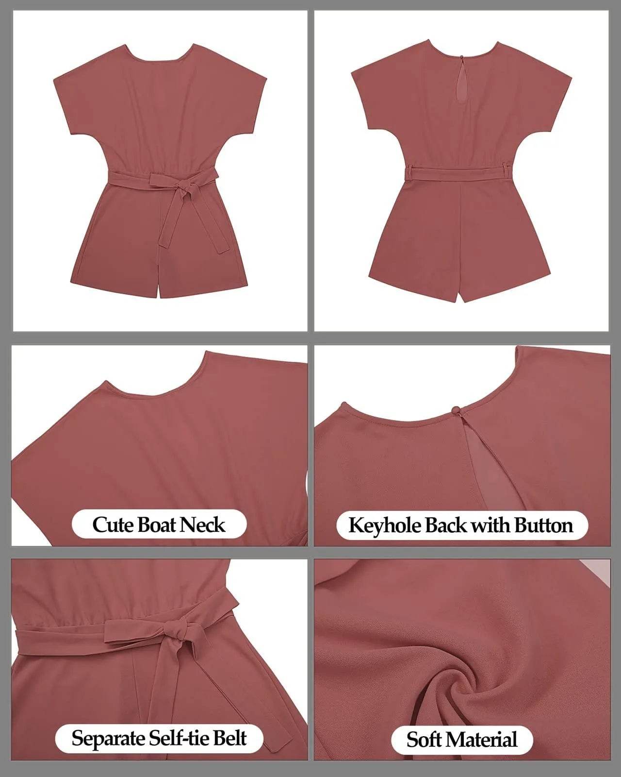 Vetinee Womens Canyon Rose Red Summer Casual Romper Keyhole Back Short Sleeve Jumpsuit Playsuit Large (US 12-14) - Bona Fide Fashion
