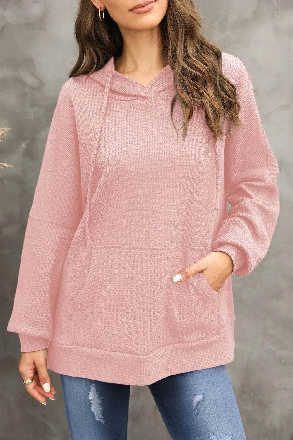 Waffle-Knit Long Sleeve Hoodie - Bona Fide Fashion