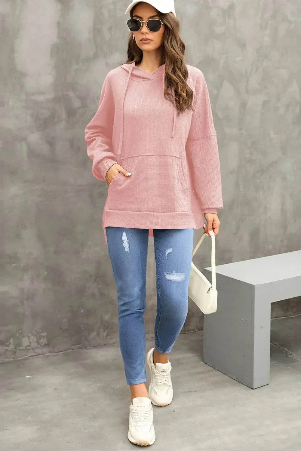 Waffle-Knit Long Sleeve Hoodie - Bona Fide Fashion