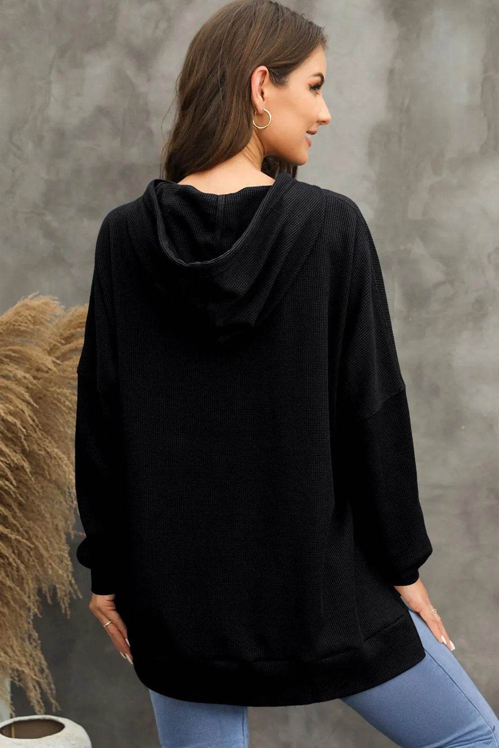 Waffle-Knit Long Sleeve Hoodie - Bona Fide Fashion