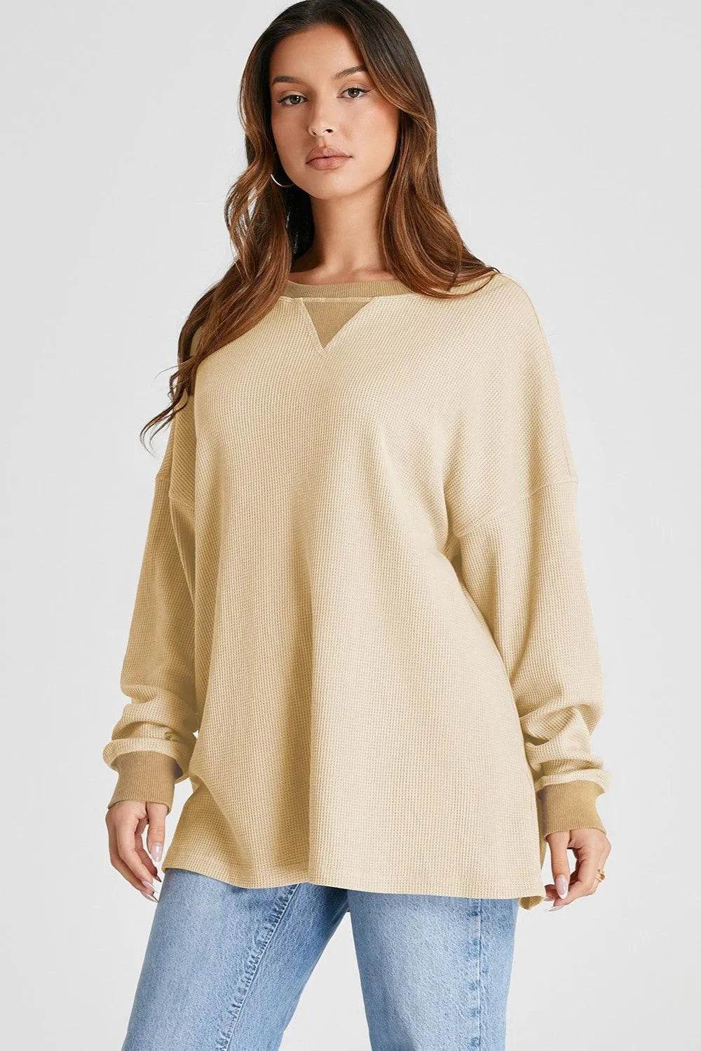 Waffle-Knit Long Sleeve Sweatshirt - Bona Fide Fashion