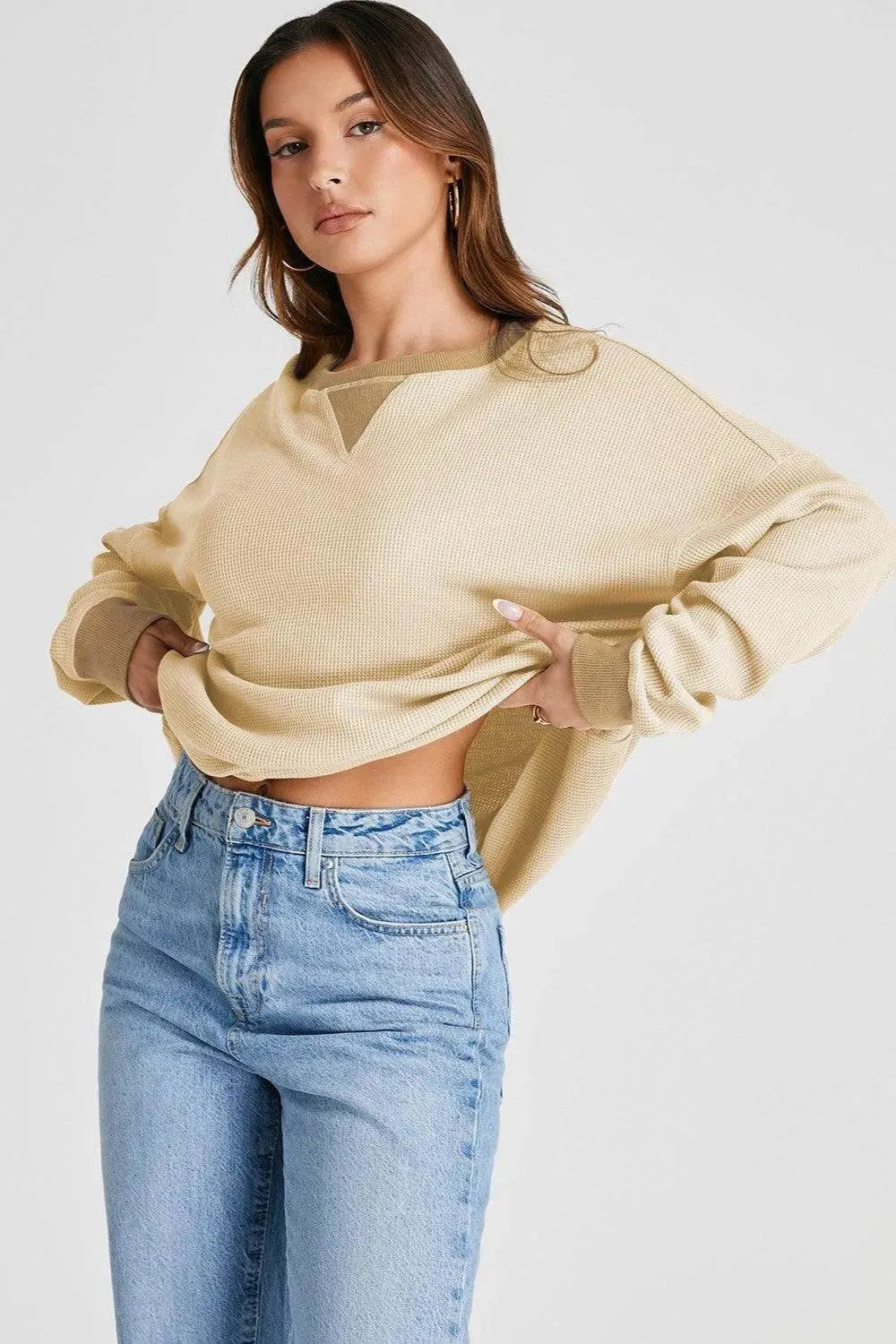 Waffle-Knit Long Sleeve Sweatshirt - Bona Fide Fashion