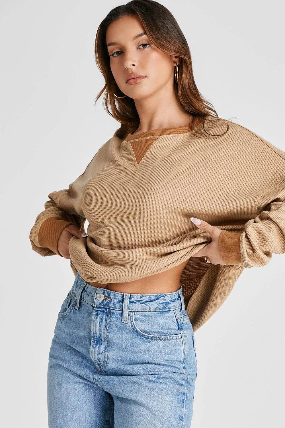 Waffle-Knit Long Sleeve Sweatshirt - Bona Fide Fashion
