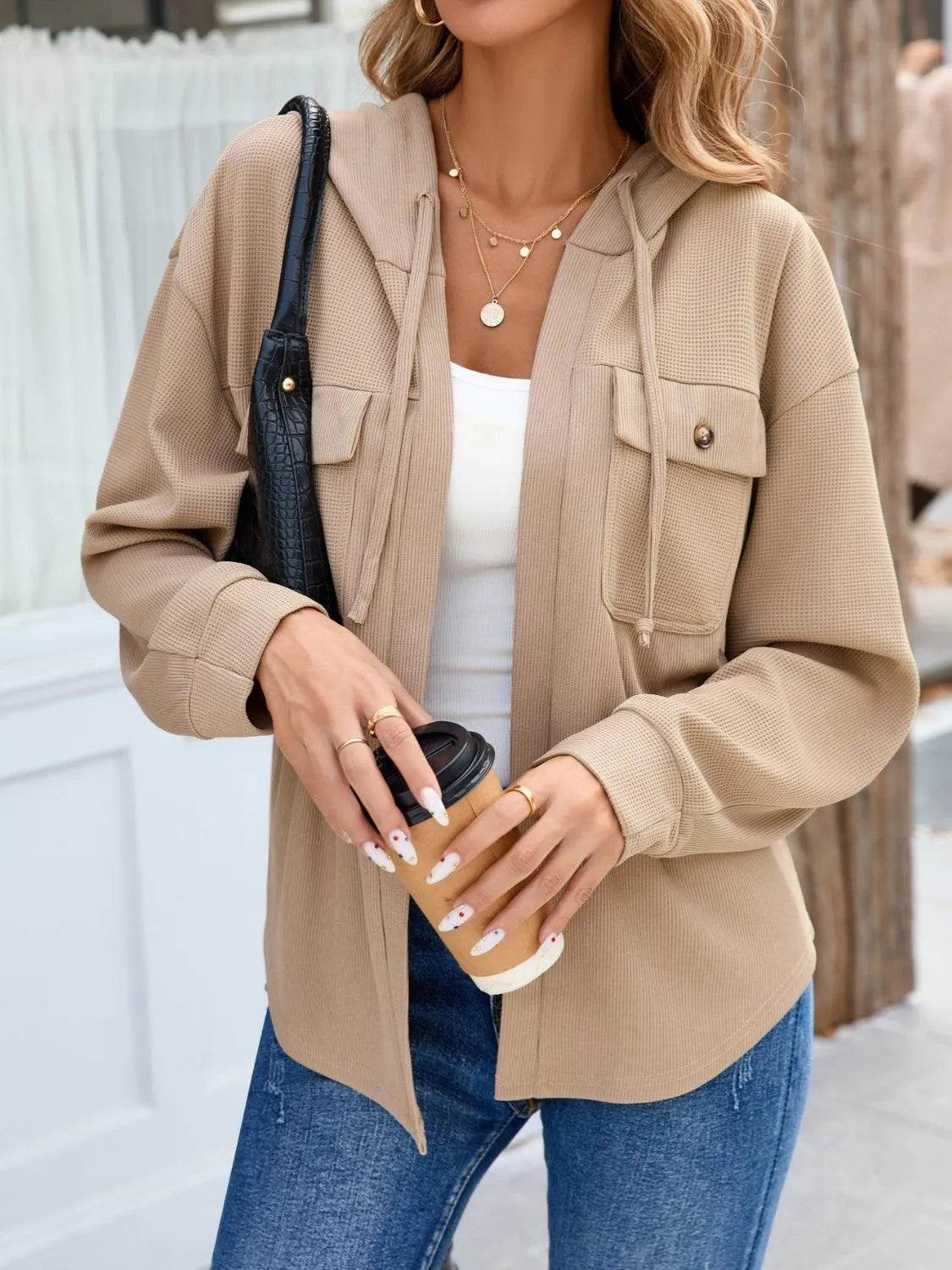 Waffle Knit Open Front Hooded Outerwear - Bona Fide Fashion