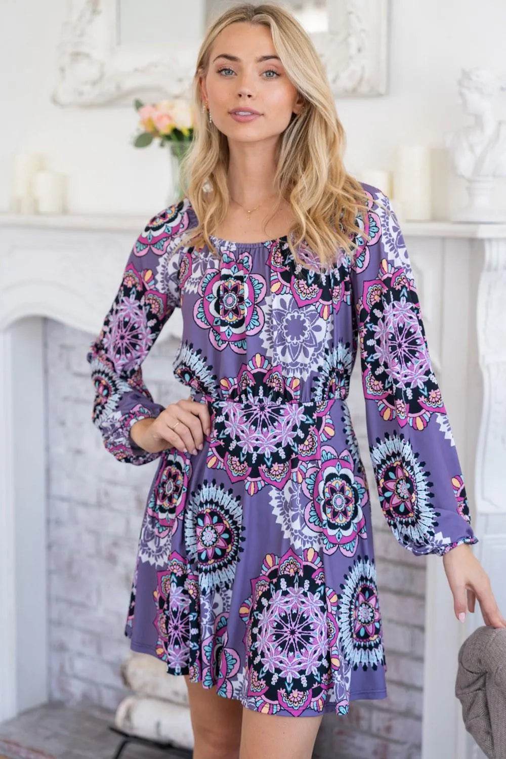 White Birch Printed Long Sleeve Mini Dress with Short Liner - Bona Fide Fashion