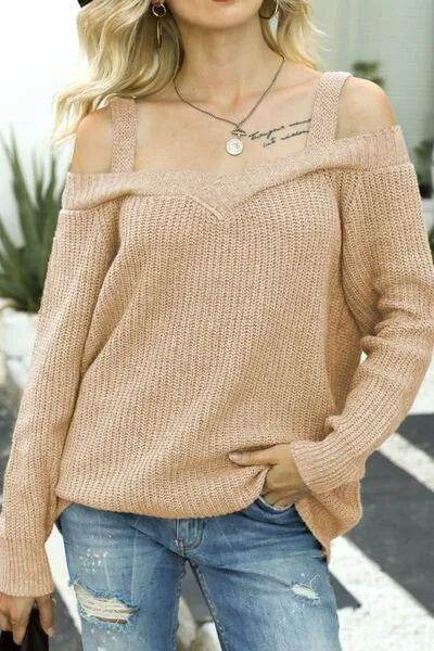 Wide Strap Cold Shoulder Pullover Sweater - Bona Fide Fashion