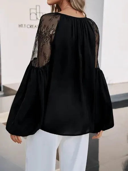 Women's Lace Trim Long Sleeve Top V Neck Shirt HTL6E3TMP7 - Bona Fide Fashion