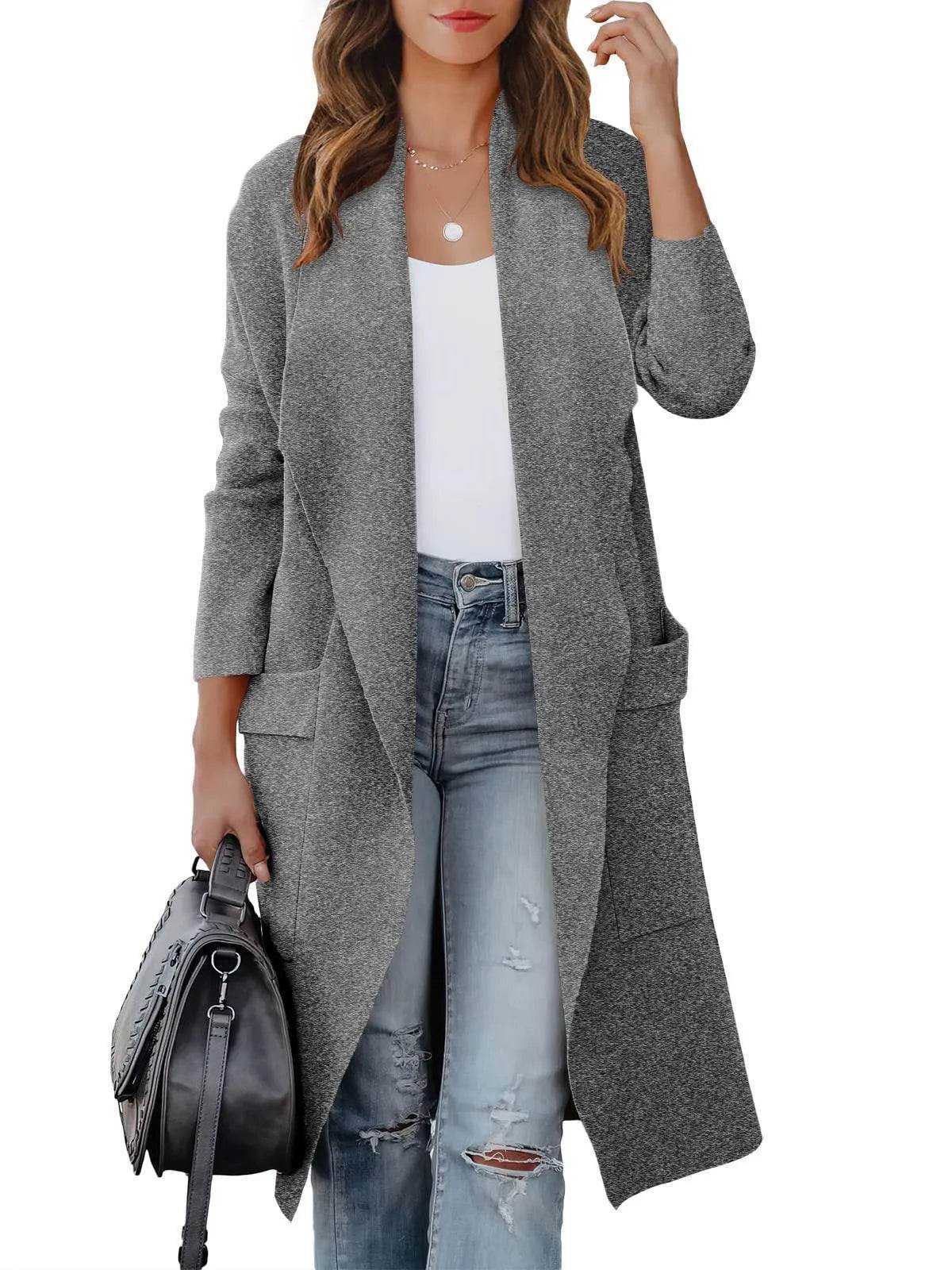 Women's Long Sleeve Open Front Cardigan Sweater with Pockets - Fall Trendy Casual Knit Jacket by ANRABESS - Bona Fide Fashion