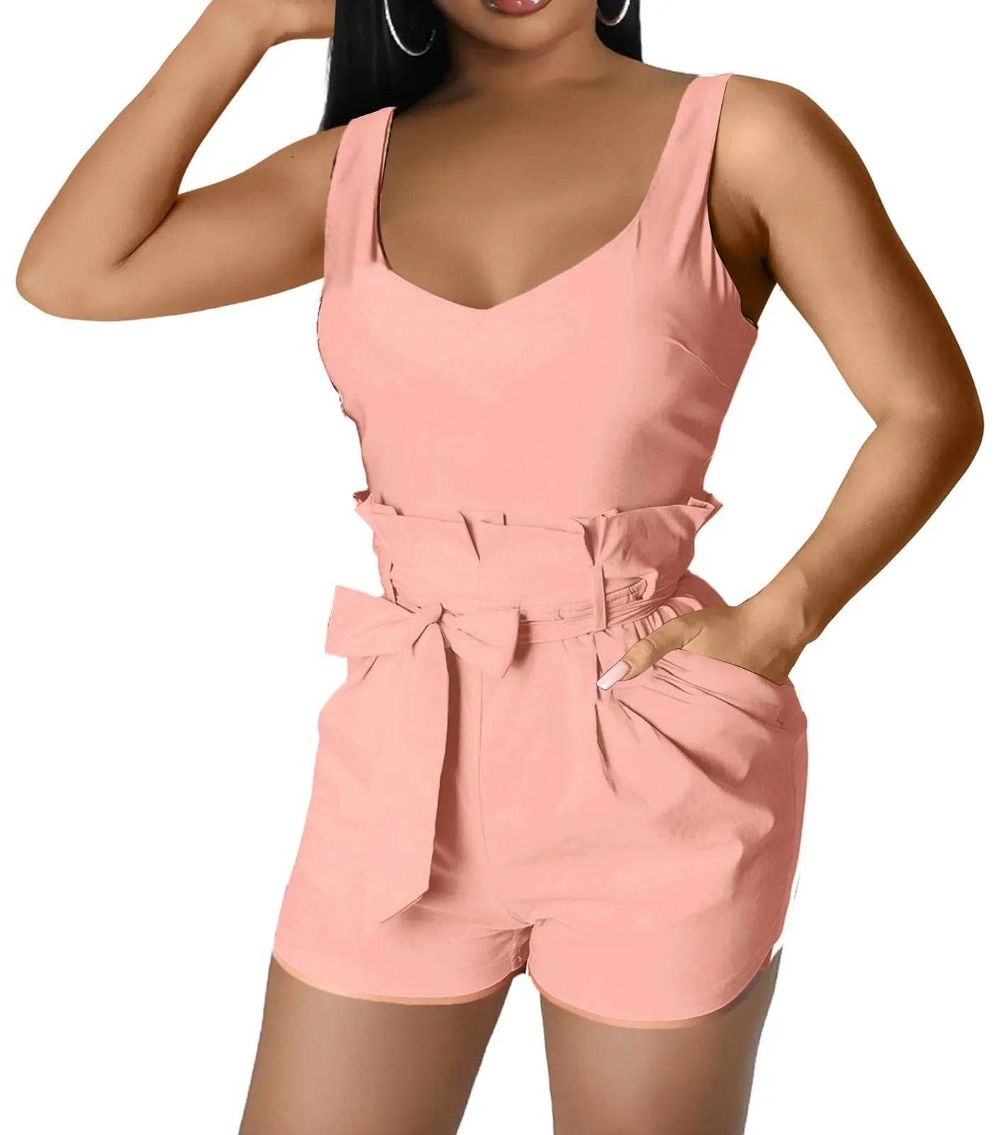 Women Sexy Strap Pink Rompers Summer Bodycon Boat Neck Ruffles Short Pants Cute Jumpsuits with Waistband Zipper Pockets - Bona Fide Fashion