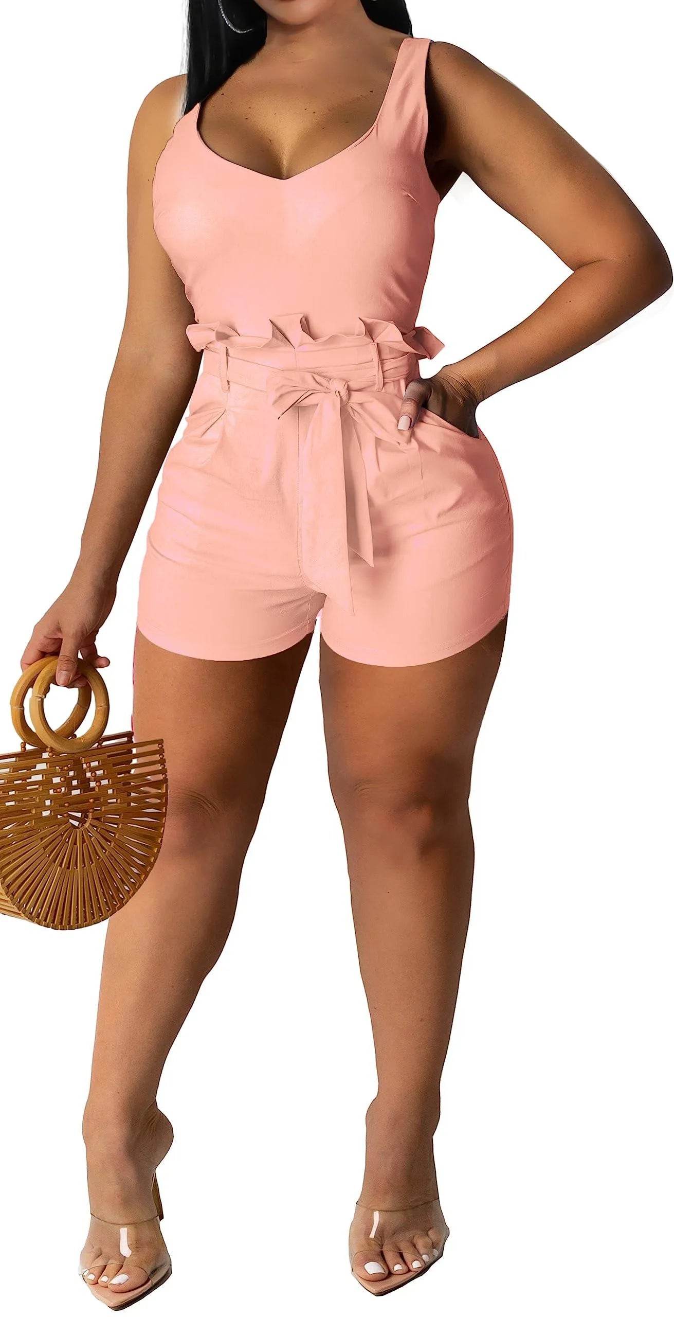 Women Sexy Strap Pink Rompers Summer Bodycon Boat Neck Ruffles Short Pants Cute Jumpsuits with Waistband Zipper Pockets - Bona Fide Fashion