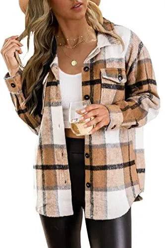 Womens Shacket Jackets Long Sleeve Plaid Wool Blend Button Down Tops Shirt Fall Winter Jacket Shackets - Bona Fide Fashion